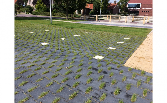 De parkeerplaatsen zijn gelegd met grasbetonstenen